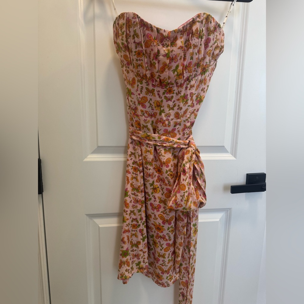 Nanette Lepore Pink Floral Butterfly Strapless Tie-Waist Dress